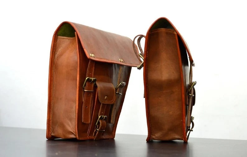 Vintage Leather Bike Saddlebag Pair