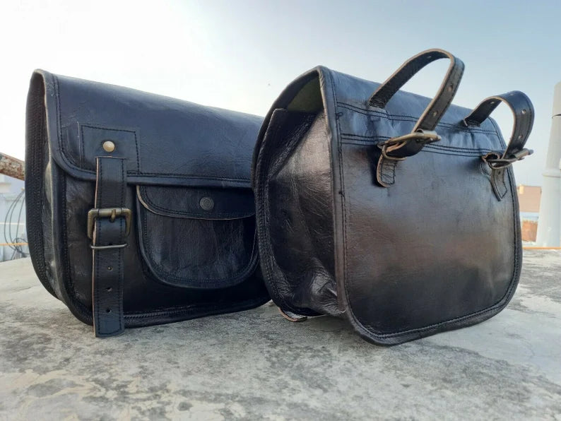 Classic Black Leather Saddlebag Set